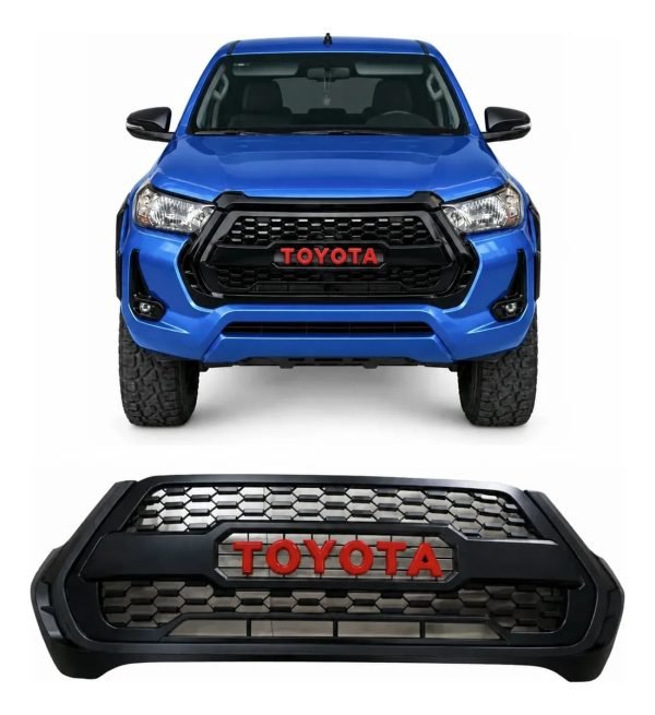 Parrilla Toyota Hilux Revo 2021-2025 Letras Rojas Negro Mate