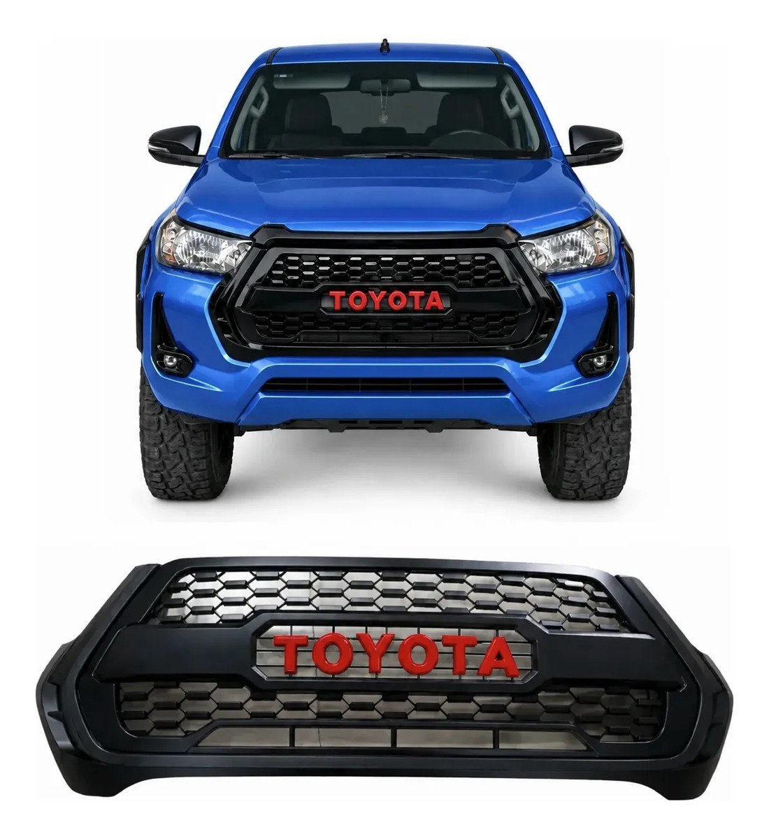 Parrilla Toyota Hilux Revo 2021-2025 Letras Rojas Negro Mate