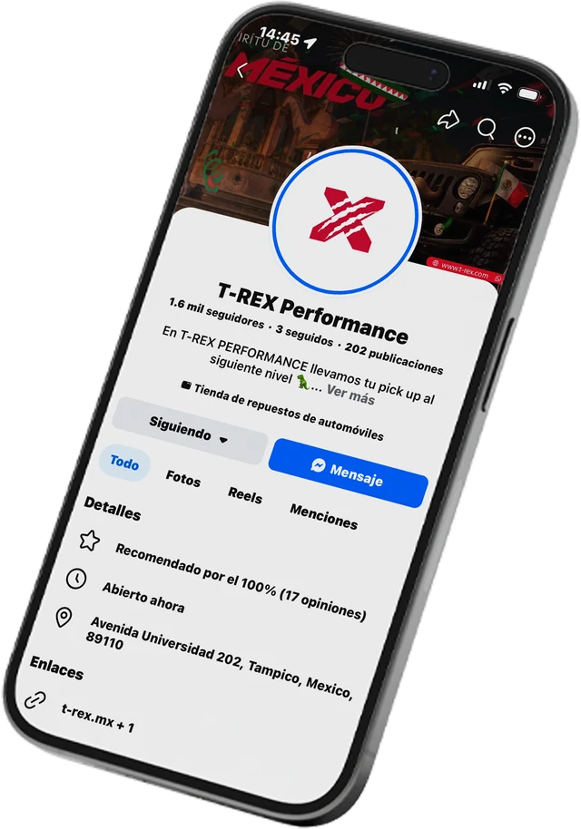 Redes sociales de T-Rex Performance en un teléfono
